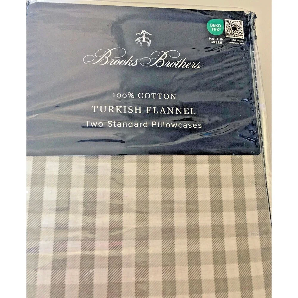 Brooks Brothers Turkish Flannel Standard Pillowcases Gray Check Plaid Set of 2